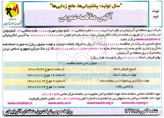 مناقصه خرید 60000مقره بشقابی 120 کیلو نیوتن و ...- نوبت دوم