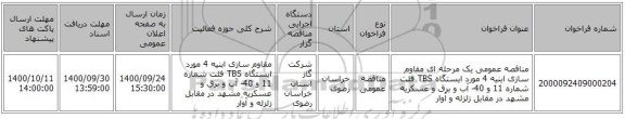مناقصه عمومی یک مرحله ای مقاوم سازی ابنیه 4 مورد ایستگاه TBS فلت شماره 11 و 40- آب و برق و عسکریه مشهد در مقابل زلزله و آوار 