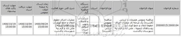 مناقصه عمومی همزمان با ارزیابی (فشرده) یک مرحله ای عملیات اجرای خطوط انتقال و جمع آوری آب روستاهای ارمبویه ، علی آباد و قرم تپه شهرستان پاکدشت