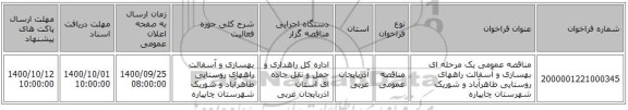 مناقصه عمومی یک مرحله ای بهسازی و آسفالت راههای روستایی طاهرآباد و شوریک شهرستان چایپاره  