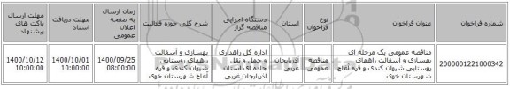 مناقصه عمومی یک مرحله ای بهسازی و آسفالت راههای روستایی شیوان کندی و قره آغاج شهرستان خوی ‏‏‏‏