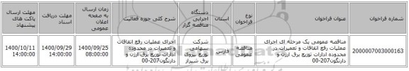 مناقصه عمومی یک مرحله ای اجرای عملیات رفع اتفاقات و تعمیرات در محدوده ادارات توزیع برق ارژن و دارنگون207-00