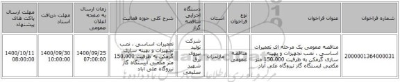مناقصه عمومی یک مرحله ای تعمیرات اساسی ، نصب تجهیزات و بهینه سازی گرمکن به ظرفیت  150.000 متر مکعبی ایستگاه گاز نیروگاه علی آباد