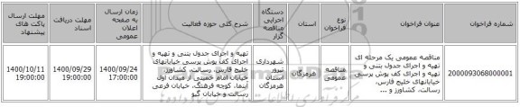 مناقصه عمومی یک مرحله ای تهیه و اجرای جدول بتنی و تهیه و اجرای کف پوش پرسی خیابانهای خلیج فارس، رسالت، کشاورز و ...