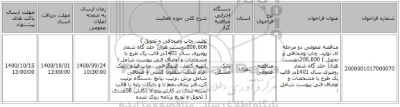 مناقصه عمومی دو مرحله ای تولید، چاپ وصحافی و تحویل ) 200,000دویست هزار( جلد گاه شمار رومیزی سال 1401در قالب یک طرح با مشخصات و اوصاف فنی پیوست شامل : 