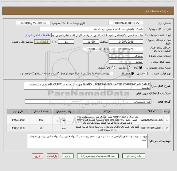 استعلام MINERAL-INSULATED COPPER-CLAD CABLE با GLAND جهت استفاده در AIR CRAFT طبق مشخصات پیوست.