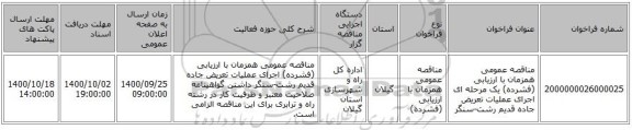 مناقصه عمومی همزمان با ارزیابی (فشرده) یک مرحله ای اجرای عملیات تعریض جاده قدیم رشت-سنگر 
