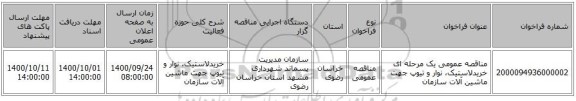 مناقصه عمومی یک مرحله ای خریدلاستیک، نوار و تیوپ  جهت ماشین آلات سازمان                