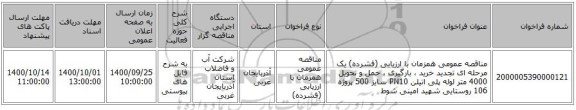 مناقصه عمومی همزمان با ارزیابی (فشرده) یک مرحله ای تجدید خرید ، بارگیری ، حمل و تحویل 4000 متر لوله  پلی اتیلن PN10 سایز 500  پروژه 106 روستایی شهید امینی شوط