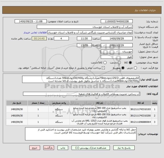 استعلام الکتروپمپهای افقی؛125/2باتوان75kwتعداد1دستگاه و100/400توان55kw تعداد1دستگاه و150/400توان90kwتعداد1دستگاه با شاسی وکوپل طبق پیوست.کدکالا مشابه است