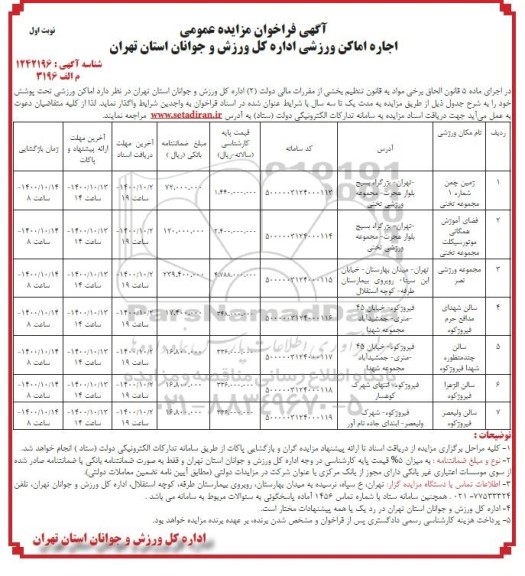فراخوان مزایده اجاره اماکن ورزشی