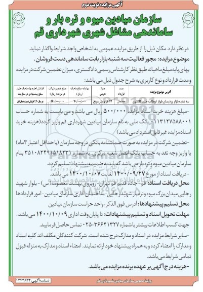 مزایده، مزایده مجوز فعالیت سه شنبه بازار بابت ساماندهی دست فروشان