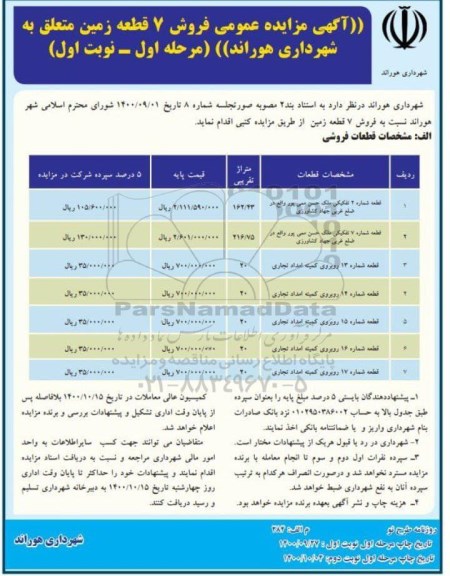 مزایده،مزایده فروش 7 قطعه زمین مرحله اول نوبت اول 