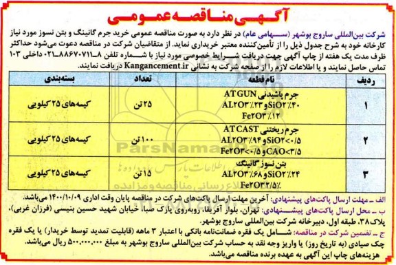 مناقصه خرید جرم گانینگ و بتن نسوز 