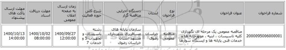مناقصه عمومی یک مرحله ای نگهداری کلیه تاسیسات ، ابنیه ، موتورخانه ها و خدمات فنی پایانه ها و ایستگاه سوارها