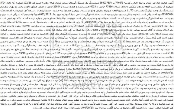 آگهی مزایده  ششدانگ یک دستگاه آپارتمان سمت شمال طبقه دهم به مساحت 122/26 مترمربع 