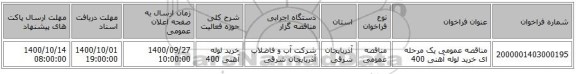 مناقصه عمومی یک مرحله ای خرید لوله آهنی 400