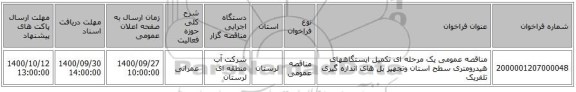 مناقصه عمومی یک مرحله ای تکمیل ایستگاههای هیدرومتری سطح استان وتجهیز پل های اندازه گیری تلفریک