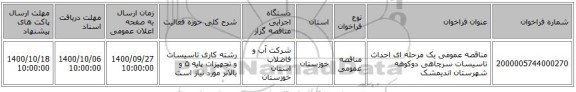 مناقصه عمومی یک مرحله ای احداث تاسیسات سرچاهی دوکوهه شهرستان اندیمشک