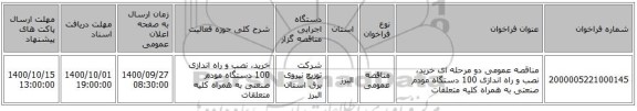 مناقصه عمومی دو مرحله ای خرید، نصب و راه اندازی 100 دستگاه مودم صنعتی به همراه کلیه متعلقات