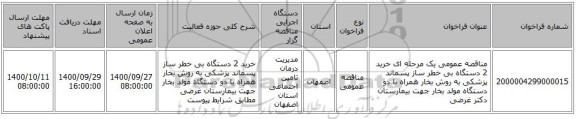 مناقصه عمومی یک مرحله ای خرید 2 دستگاه بی خطر ساز پسماند پزشکی به روش بخار همراه با دو دستگاه مولد بخار جهت بیمارستان دکتر غرضی