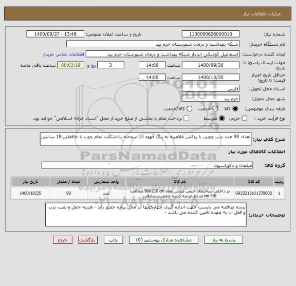 استعلام تعداد 90 عدد درب چوبی با روکش ملامینه به رنگ قهوه ای سوخته با اسکلت تمام چوب با جاقفلی 18 سانتی 