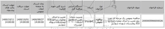 مناقصه عمومی یک مرحله ای نویت دوم تخریب و اجرای عملیات ساخت ICU بیمارستان شهداء شوشتر