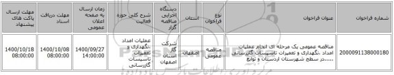 مناقصه عمومی یک مرحله ای انجام عملیات امداد ،نگهداری و تعمیرات تاسیسات گازرسانی .....در سطح شهرستان اردستان و توابع