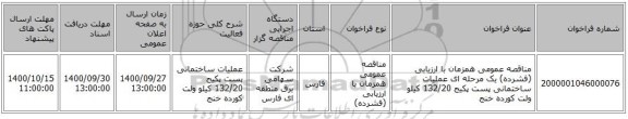 مناقصه عمومی همزمان با ارزیابی (فشرده) یک مرحله ای عملیات ساختمانی پست پکیج 132/20 کیلو ولت کورده خنج