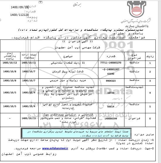 فراخوان، فراخوان 11 ردیف قطعات مکانیکی ... 