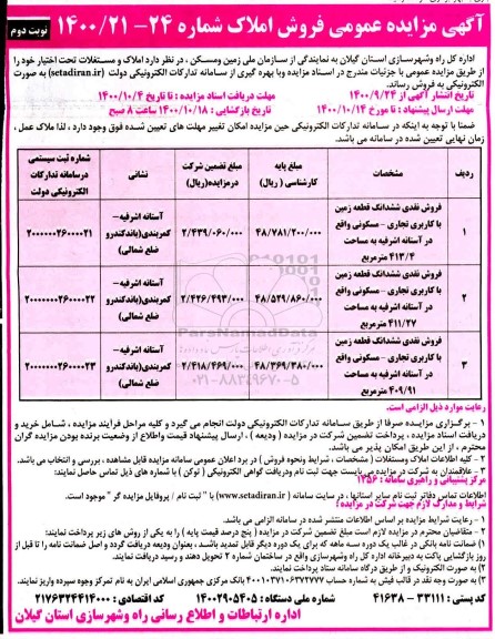 مزایده مزایده فروش املاک کاربری تجاری و مسکونی شماره 24-1400.21 نوبت دوم