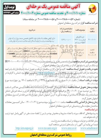 مناقصه خرید کابل های فرمان پست 63/20 کیلوولت و...