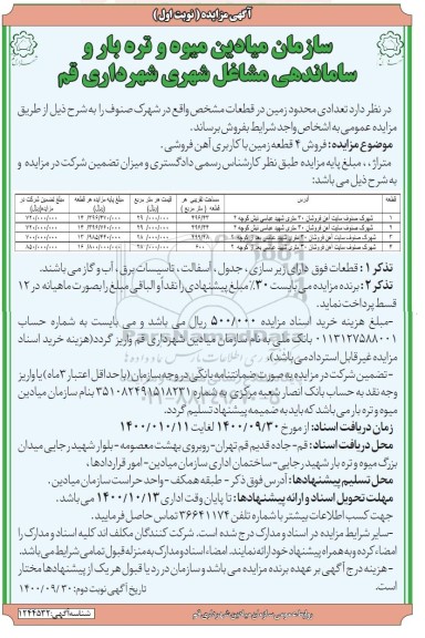 مزایده،مزایده فروش 4 قطعه زمین با کاربری آهن فروشی نوبت اول