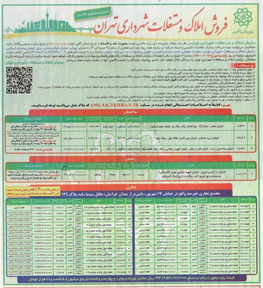 مزایده،مزایده فروش املاک و مستغلات کاربری مسکونی و تجاری
