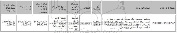مناقصه عمومی یک مرحله ای تهیه ، حمل ، نصب و راه اندازی پمپ ها و بلوئرهای هوادهی و بازسازی تابلوهای فیلترهای تحت فشار تصفیه خانه شهید الماسی پروژه غیزا
