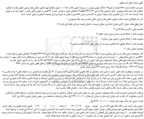 مزایده،مزایده فروش پلاک ثبتی۲۲۶۷/۱۸۲۱ قطعه۱۳ تفکیکی مفروز و مجزی شده از ۷۸۲فرعی از اصلی