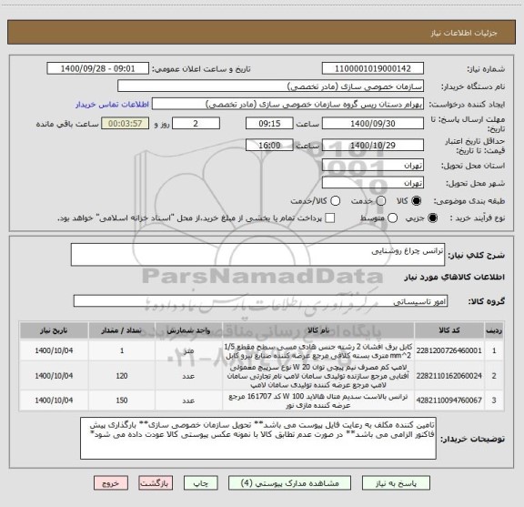 استعلام ترانس چراغ روشنایی