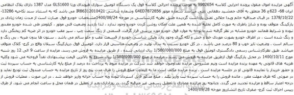آگهی مزایده یک دستگاه اتومبیل سواری هیوندای ورنا