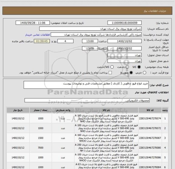 استعلام خرید انواع فیوز چاقویی ( کاردی ) مطابق مشخصات فنی و توضیحات پیوست 