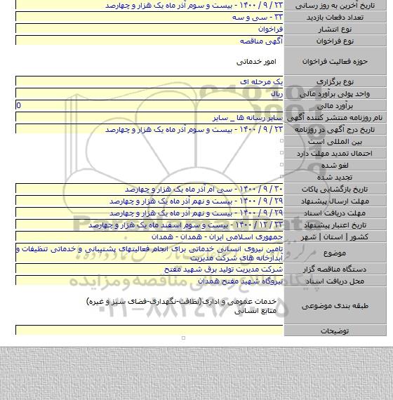 تامین نیروی انسانی خدماتی برای انجام فعالیتهای پشتیبانی و خدماتی تنظیفات و آبدارخانه های شرکت مدیریت