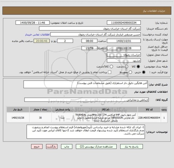 استعلام آنتن هایگین دایپل دار استقراری (طبق مشخصات فنی پیوست)