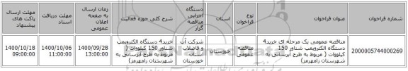 مناقصه عمومی یک مرحله ای خرید4 دستگاه الکتروپمپ شناور 150 کیلووات ( مربوط به طرح آبرسانی به شهرستان رامهرمز)