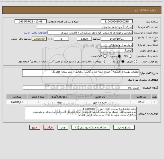 استعلام عملیات بهسازی چشمه ( حفاری میله چاه و گالری) دهناش - شهرستان کوهرنگ