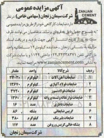 مزایده ضایعات اهن آلات