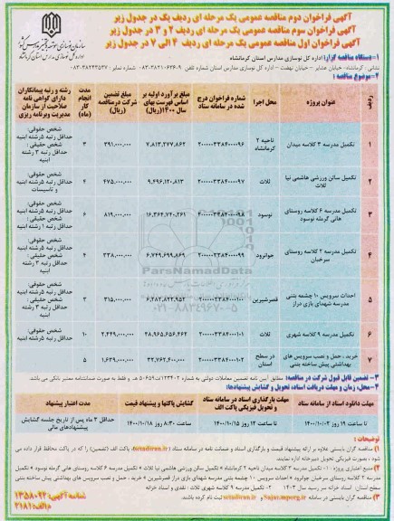 مناقصه عمومی، مناقصه عمومی تکمیل مدرسه 3 کلاسه ... 