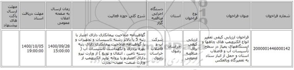 فراخوان ارزیابی کیفی تعمیر انواع الکتروپمپ های چاهها و ایستگاههای پمپاژ در سطح تأسیسات آب و فاضلاب استان  و حمل از انبار ستاد  به تعمیرگاه وبالعکس