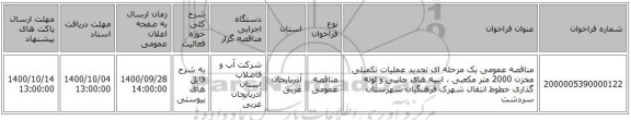 مناقصه عمومی یک مرحله ای تجدید عملیات تکمیلی مخزن 2000 متر مکعبی ، ابنیه های جانبی و لوله گذاری خطوط انتقال شهرک فرهنگیان شهرستان سردشت