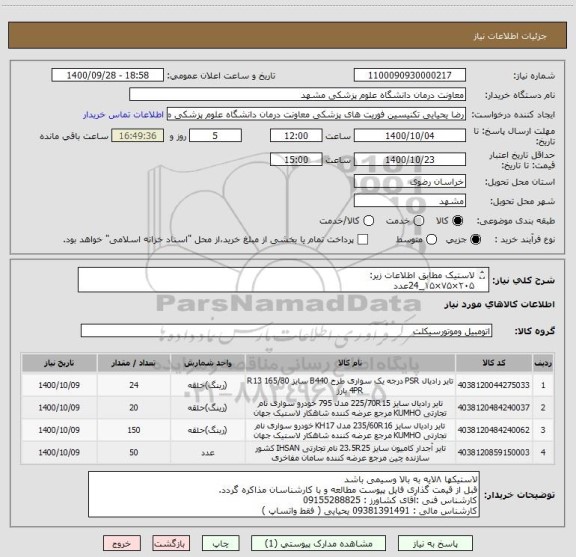 استعلام لاستیک مطابق اطلاعات زیر:
۲۰۵×۷۵×۱۵_24عدد
۲۲۵×۷۰×۱۵_150عدد
۲۳۵×۶۵×۱۶_50عدد
۲۴۵×۷۵×۱۶_20عدد
به ترتیب اولویت برند
میشلن
دانلوپ
بریجستون
لاسا
