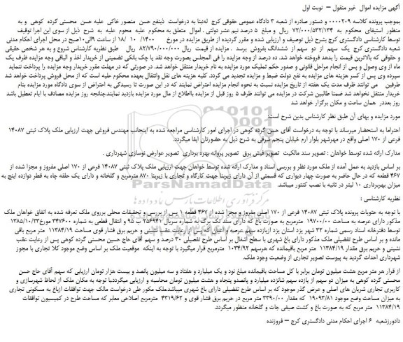 مزایده،مزایده فروش  ملک پلاک ثبتی 14087 فرعی از 170 اصلی  