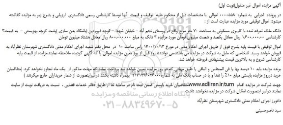 مزایده،مزایده فروش ملک با کاربری مسکونی به مساحت 70 متر مربع
